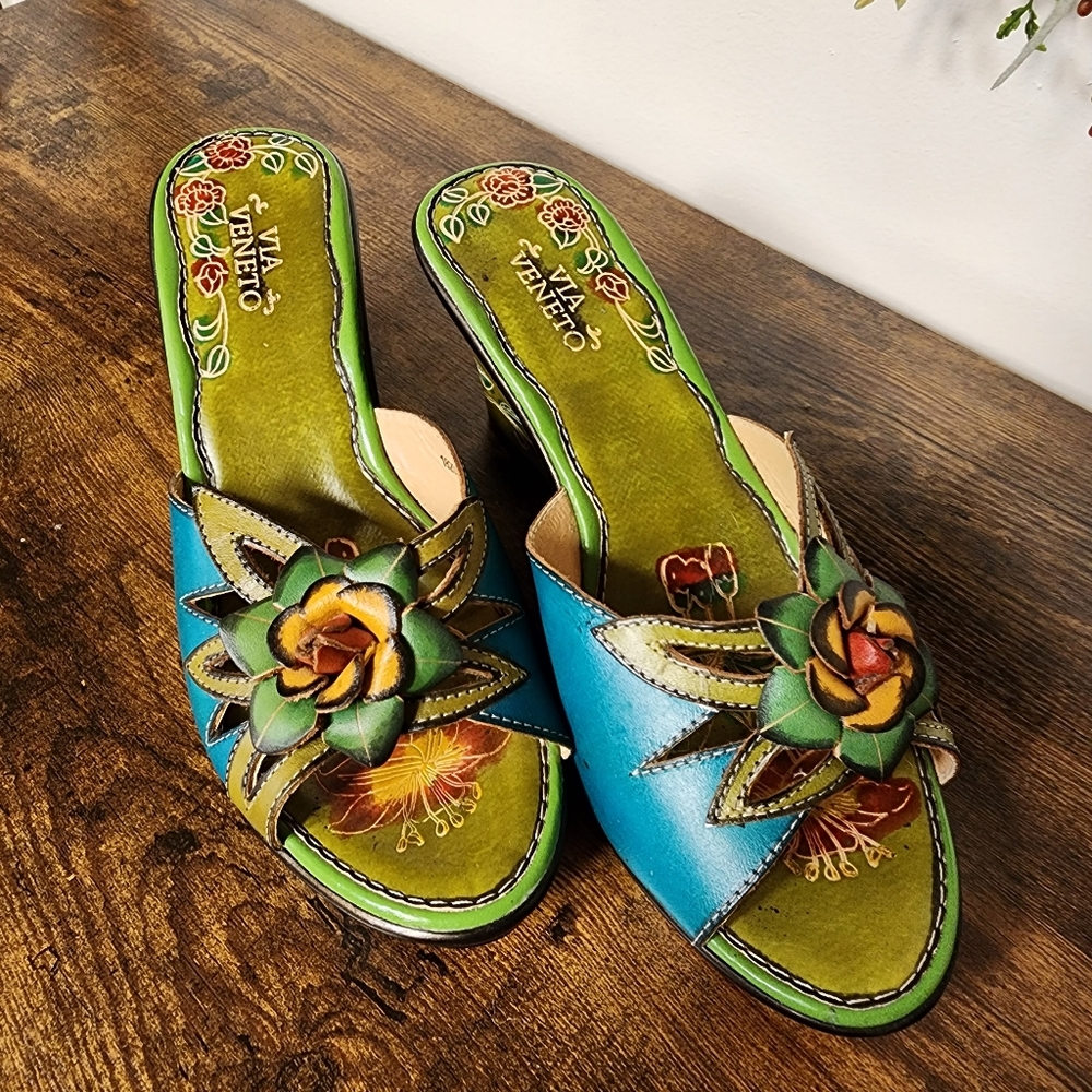 Via VenetoSandals PeepToe Wedge Heels Bright Floral Tropical Cruise Sz8 Leather